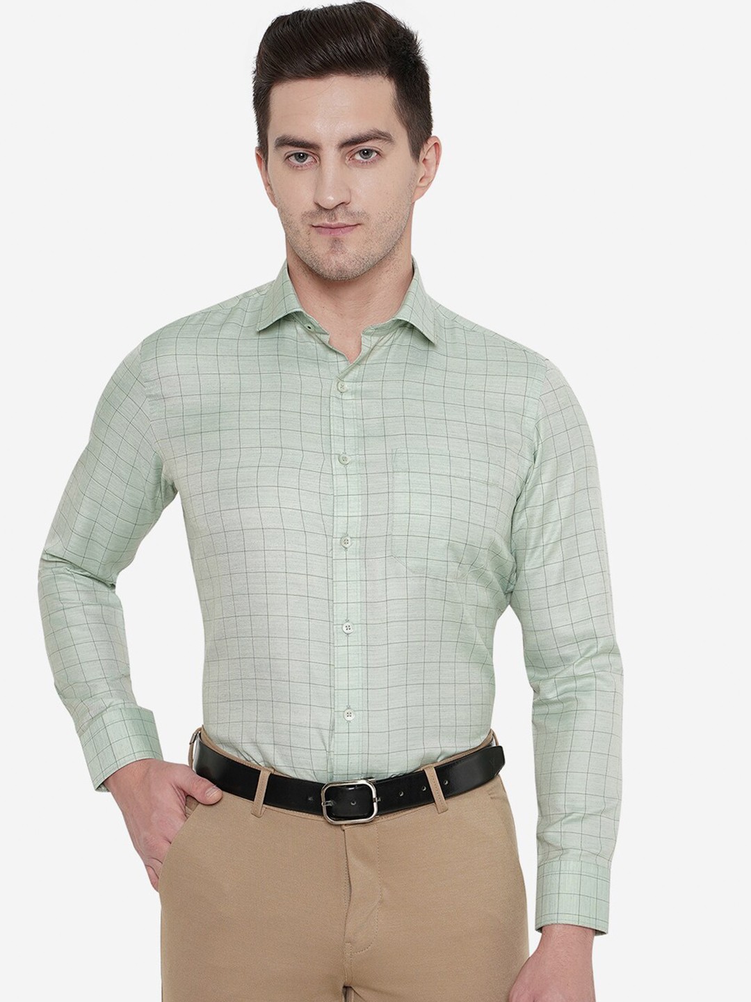 

Greenfibre Men Windowpane Checked Formal Shirt, Green