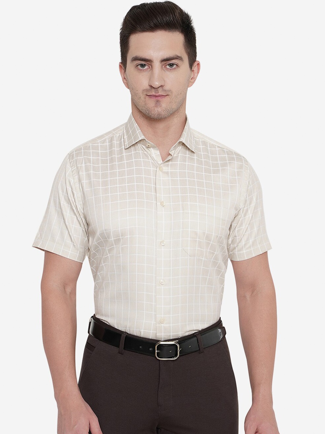 

Greenfibre Men Slim Fit Windowpane Checked Formal Shirt, Beige