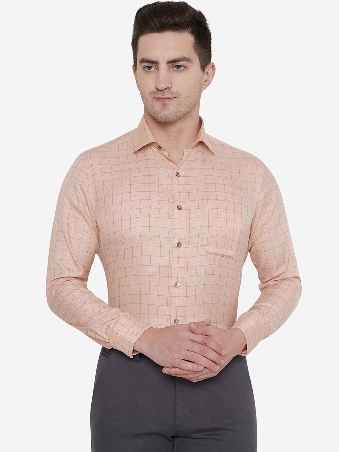 

Greenfibre Men Windowpane Checks Checked Formal Shirt, Peach