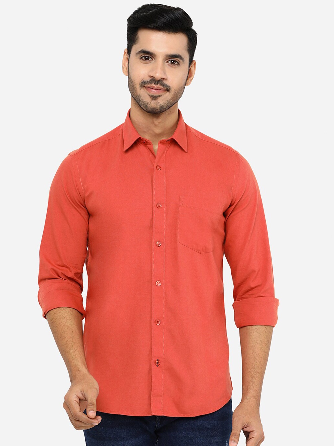 

JADE BLUE Men Red Cotton Solid Slim Fit Casual Shirt