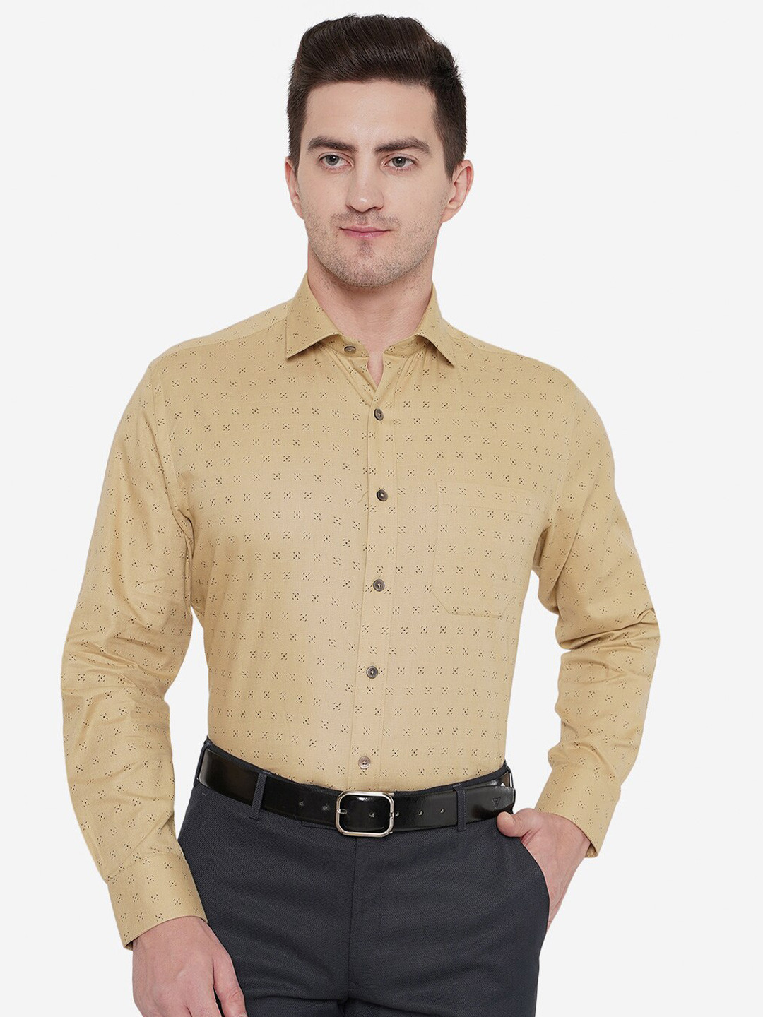 

JADE BLUE Cotton Slim Fit Printed Formal Shirt, Khaki