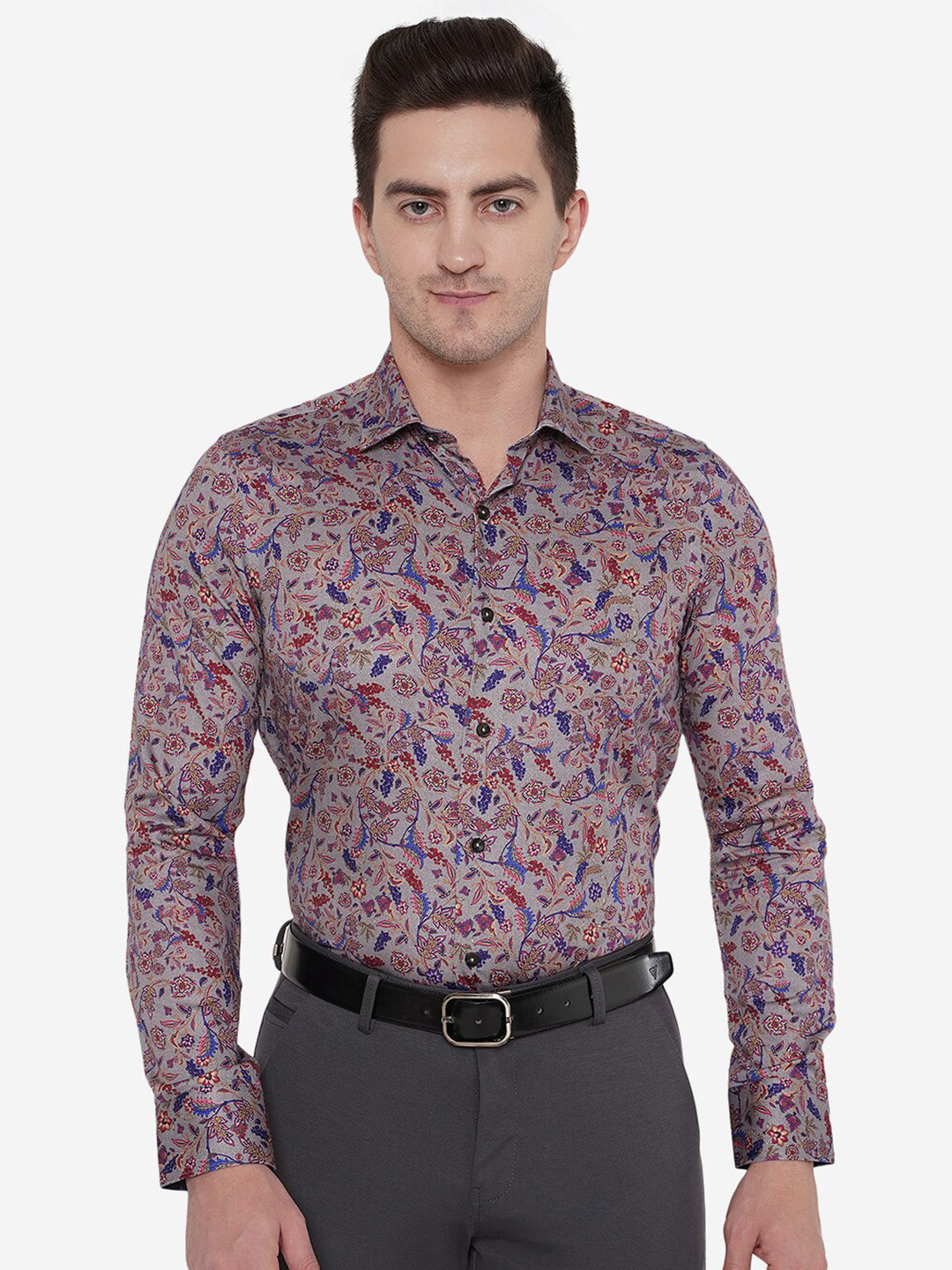 

JB STUDIO Men Grey Slim Fit Floral Printed Cotton Casual Shirt