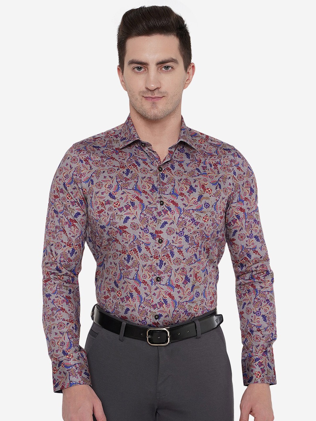 

JB STUDIO Men Grey Slim Fit Floral Printed Cotton Casual Shirt