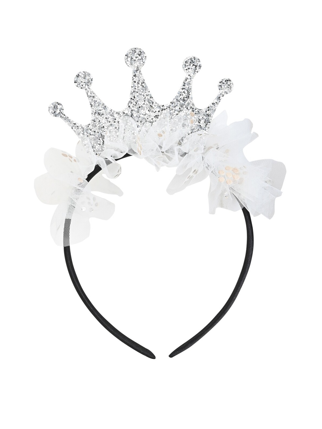 

Aye Candy Girls White & Silver-Toned Flowery Embellished Tulle Crown Headband