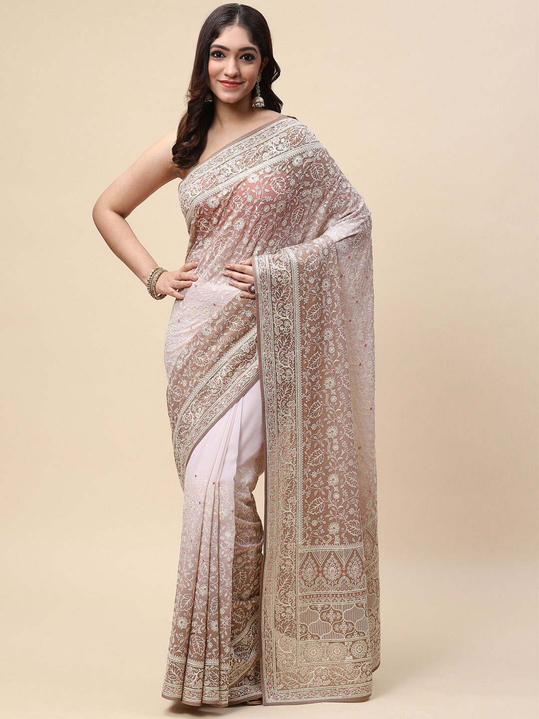 

Meena Bazaar Women Beige & Pink Floral Embroidered Saree