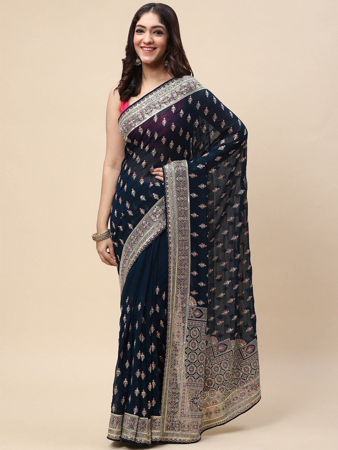 

Meena Bazaar Women Navy Blue & Pink Embellished Embroidered Saree