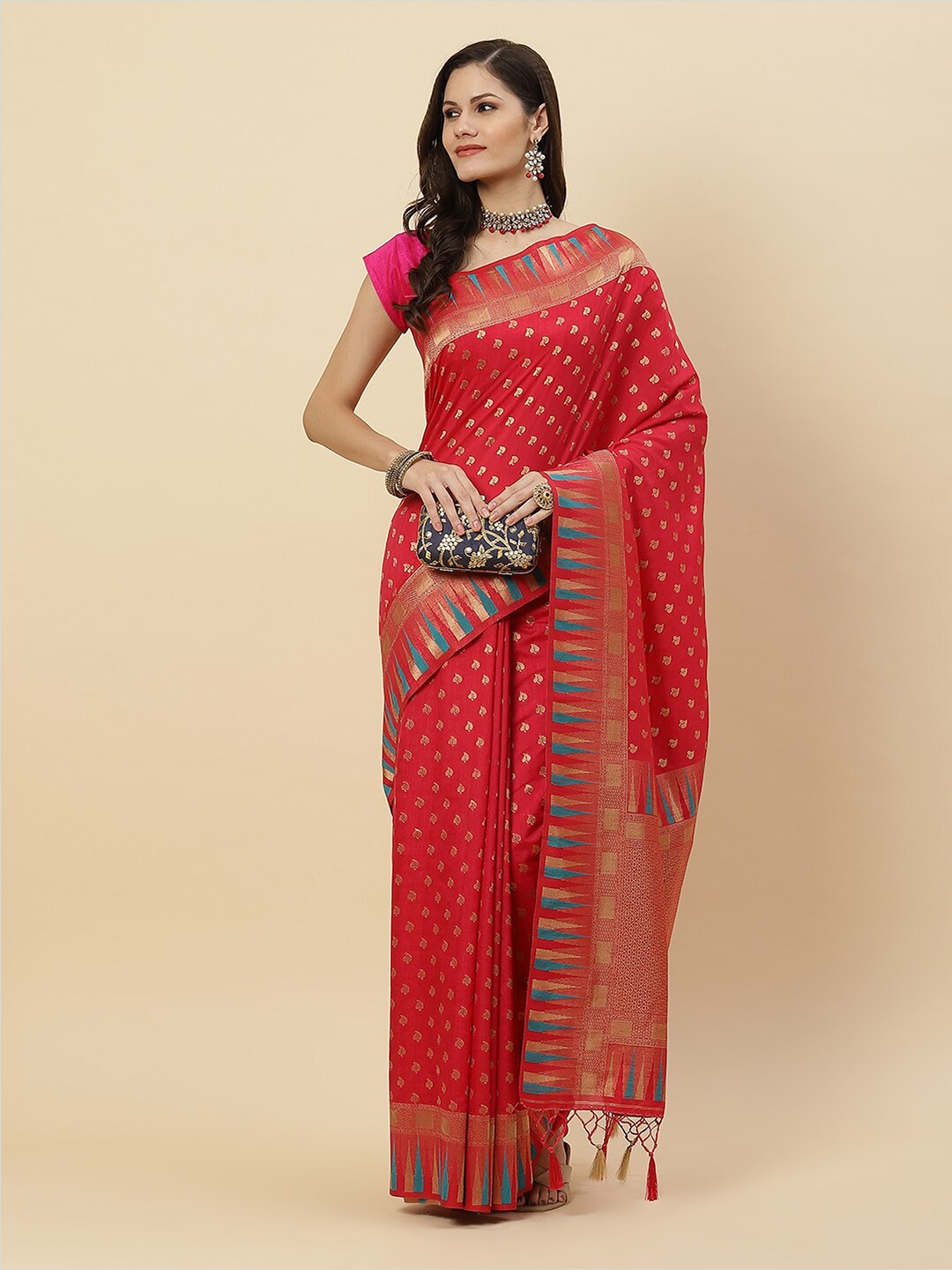 

Meena Bazaar Women Red & Blue Woven Design Zari Art Silk Kanjeevaram Saree