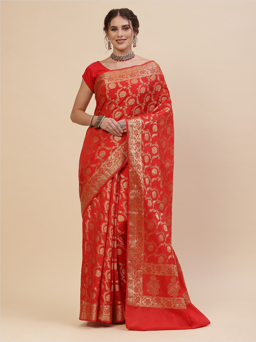 

Meena Bazaar Women Red & Gold-Toned Floral Zari Silk Cotton Kanjeevaram Saree