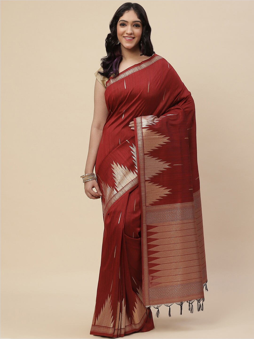 

Meena Bazaar Women Maroon & Gold-Toned Zari Art Silk Kanjeevaram Saree