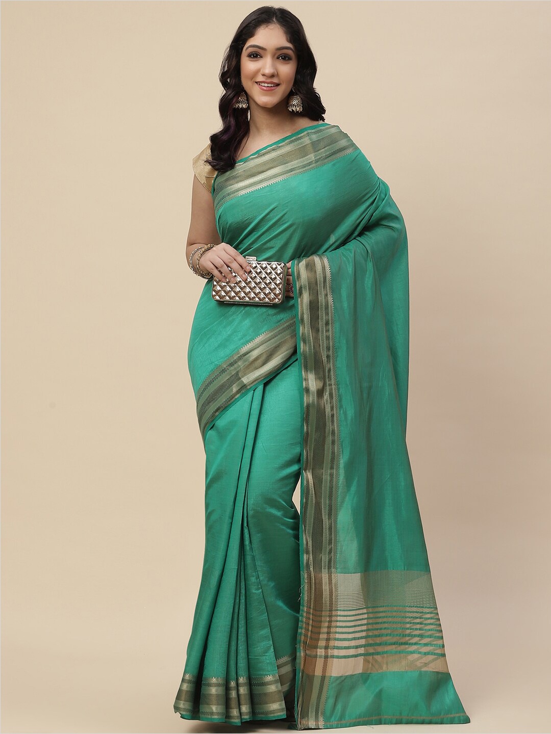 

Meena Bazaar Women Green & Gold-Toned Art Silk Kanjeevaram Saree