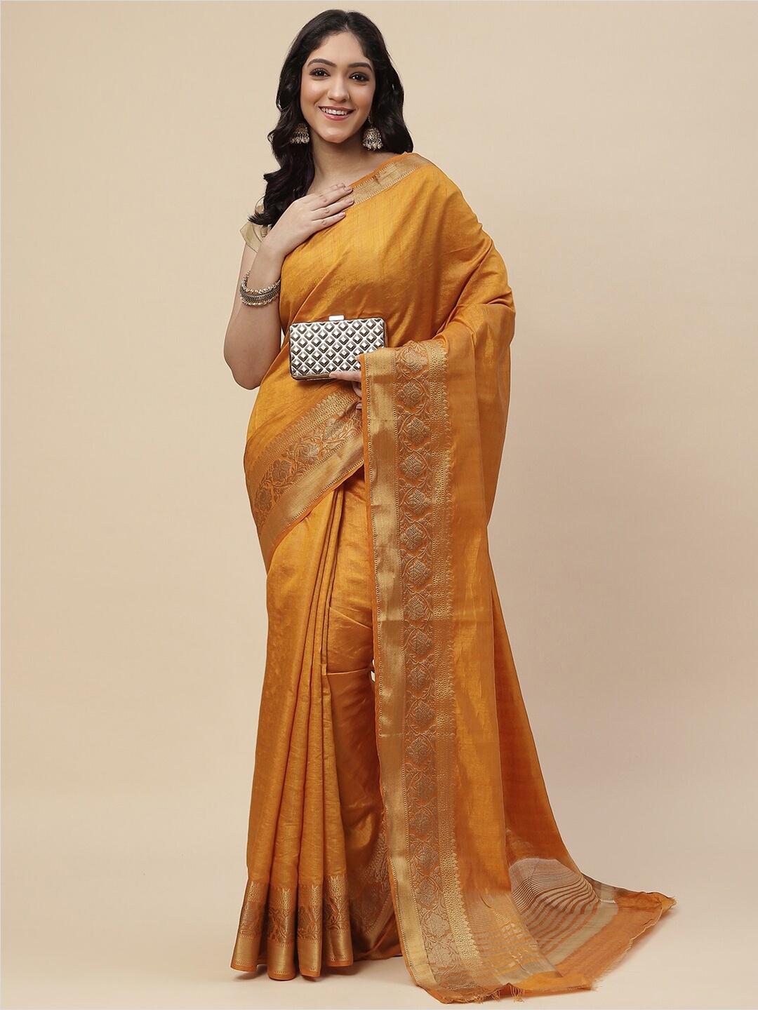 

Meena Bazaar Women Mustard & Gold-Toned Zari Art Silk Kanjeevaram Saree