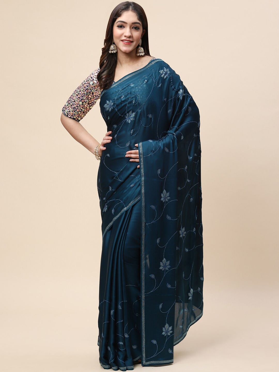 

Meena Bazaar Teal Embellished Beads and Stones Satin Saree