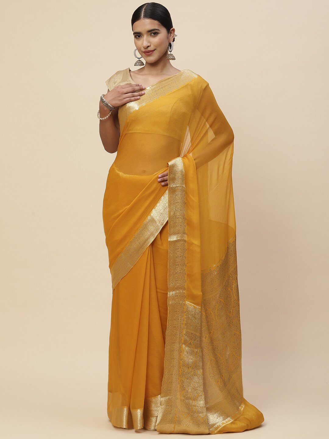 

Meena Bazaar Mustard & Gold-Toned Zari Pure Chiffon Kanjeevaram Saree