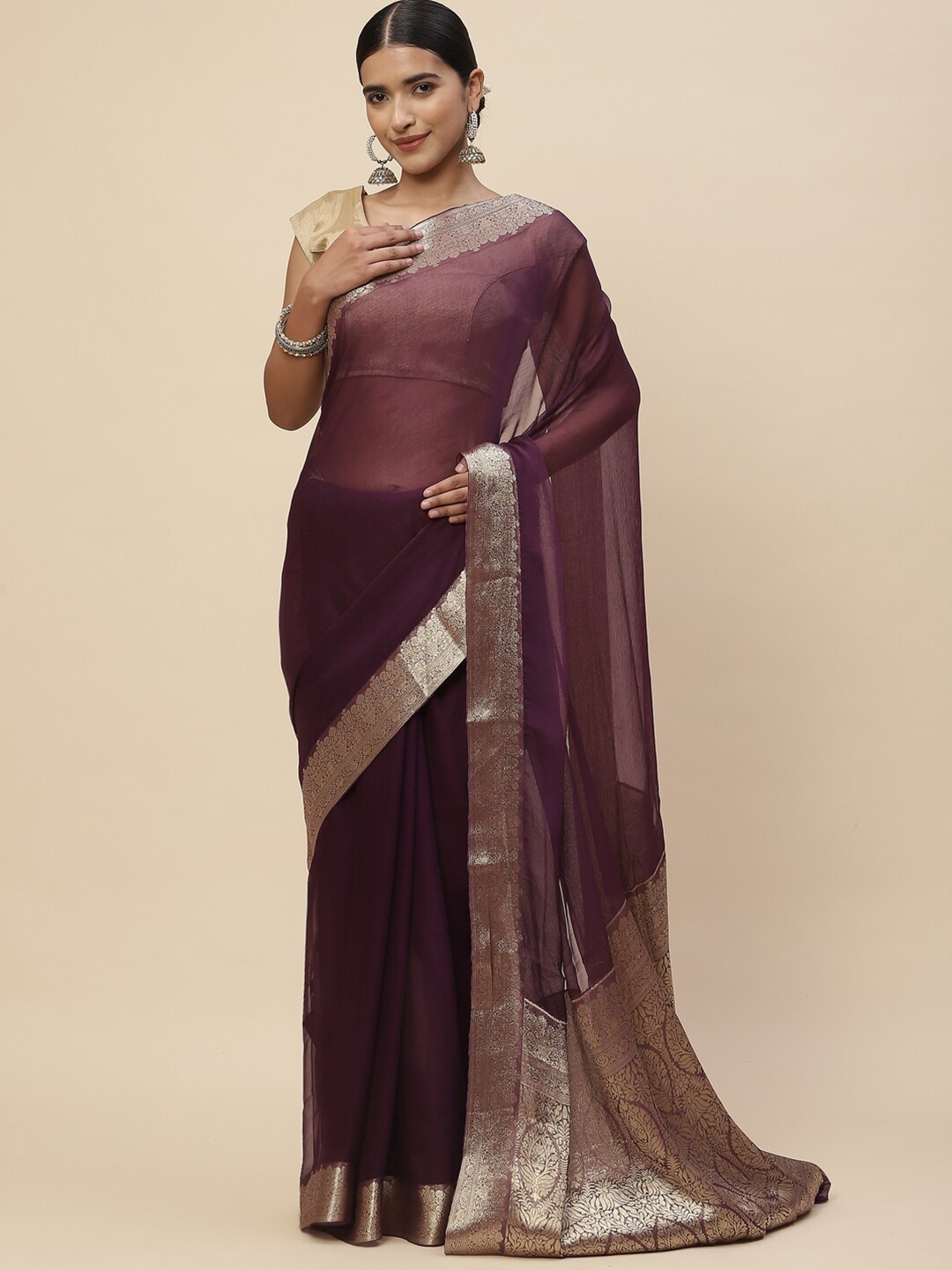 

Meena Bazaar Purple & Silver-Toned Woven Design Zari Pure Chiffon Kanjeevaram Saree