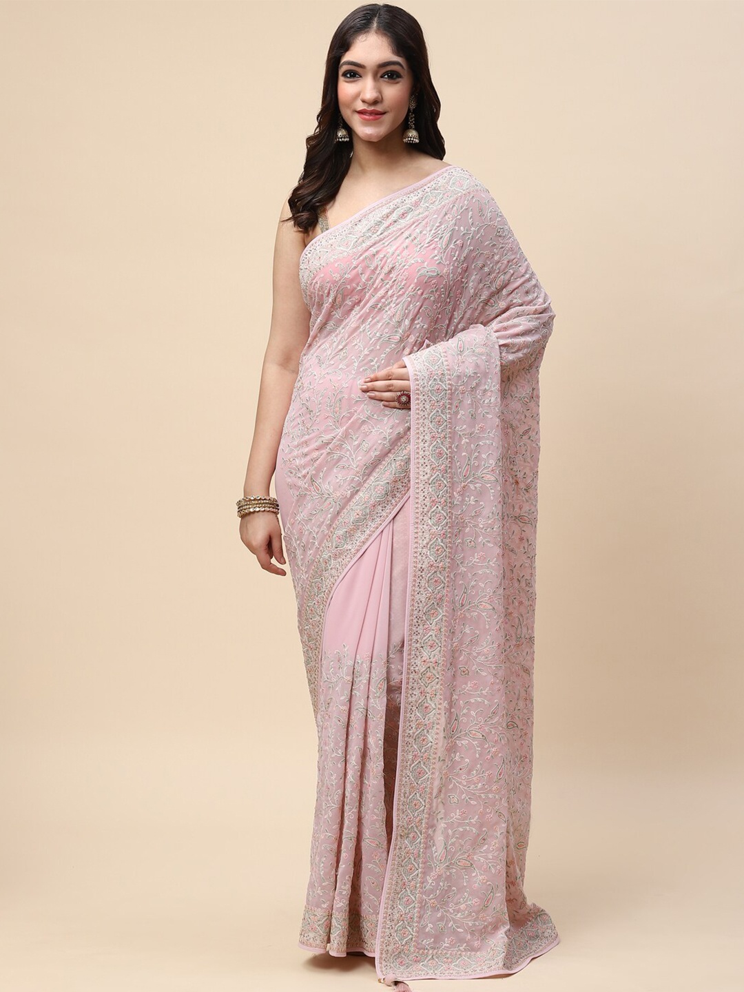 

Meena Bazaar Pink Embellished Embroidered Saree