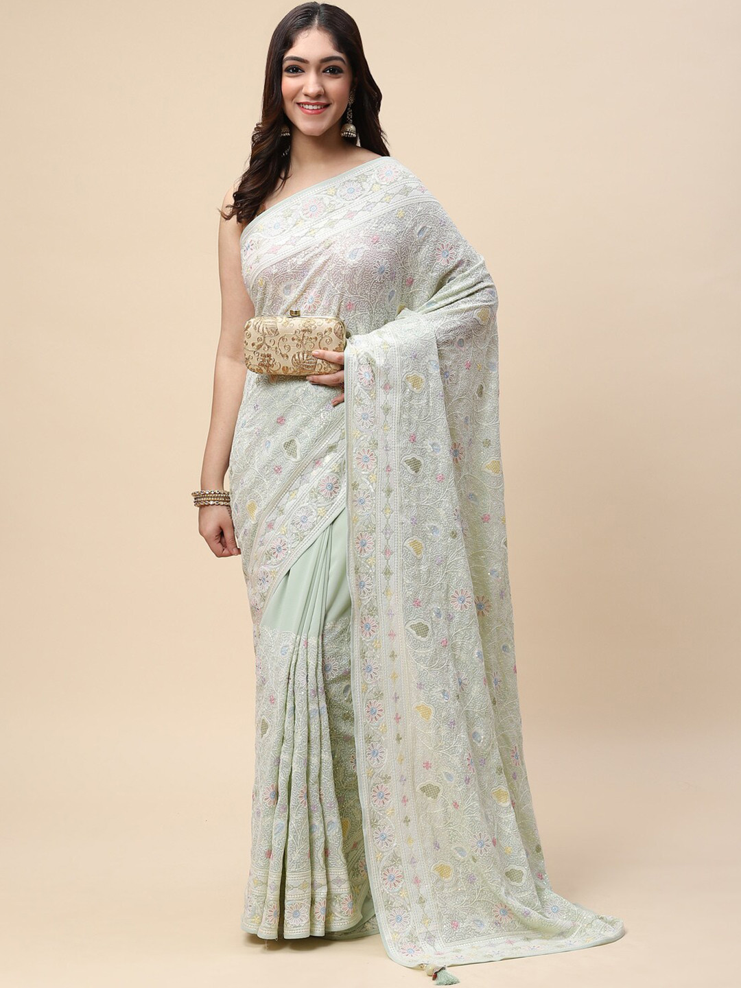 

Meena Bazaar Lime Green & Blue Floral Embroidered Saree