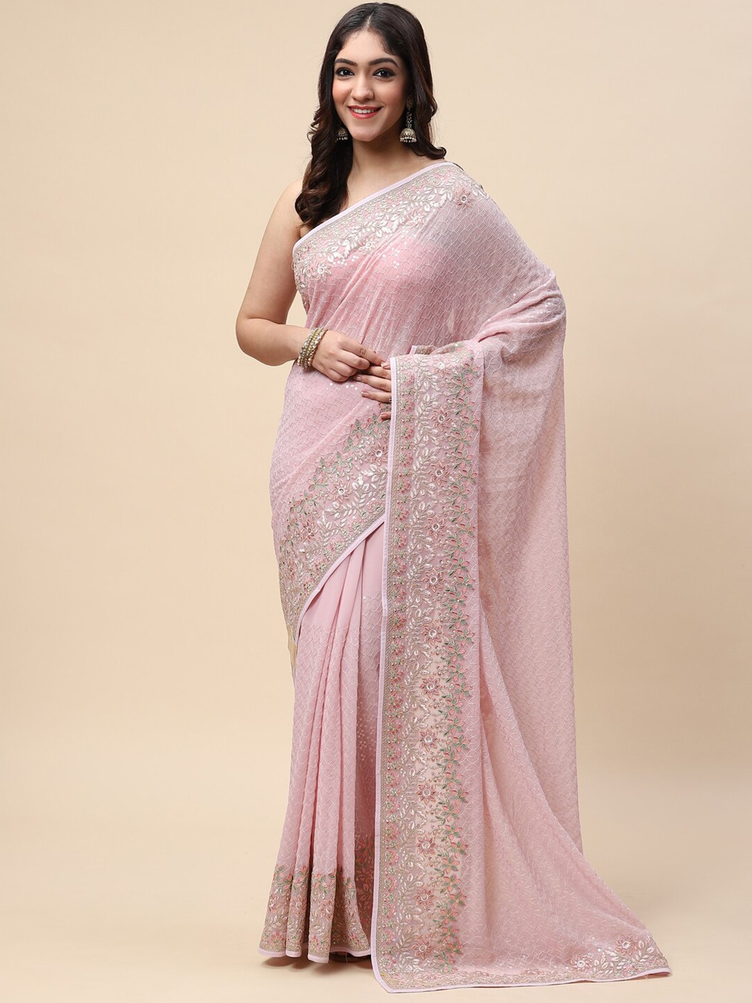 

Meena Bazaar Pink & White Embellished Embroidered Saree