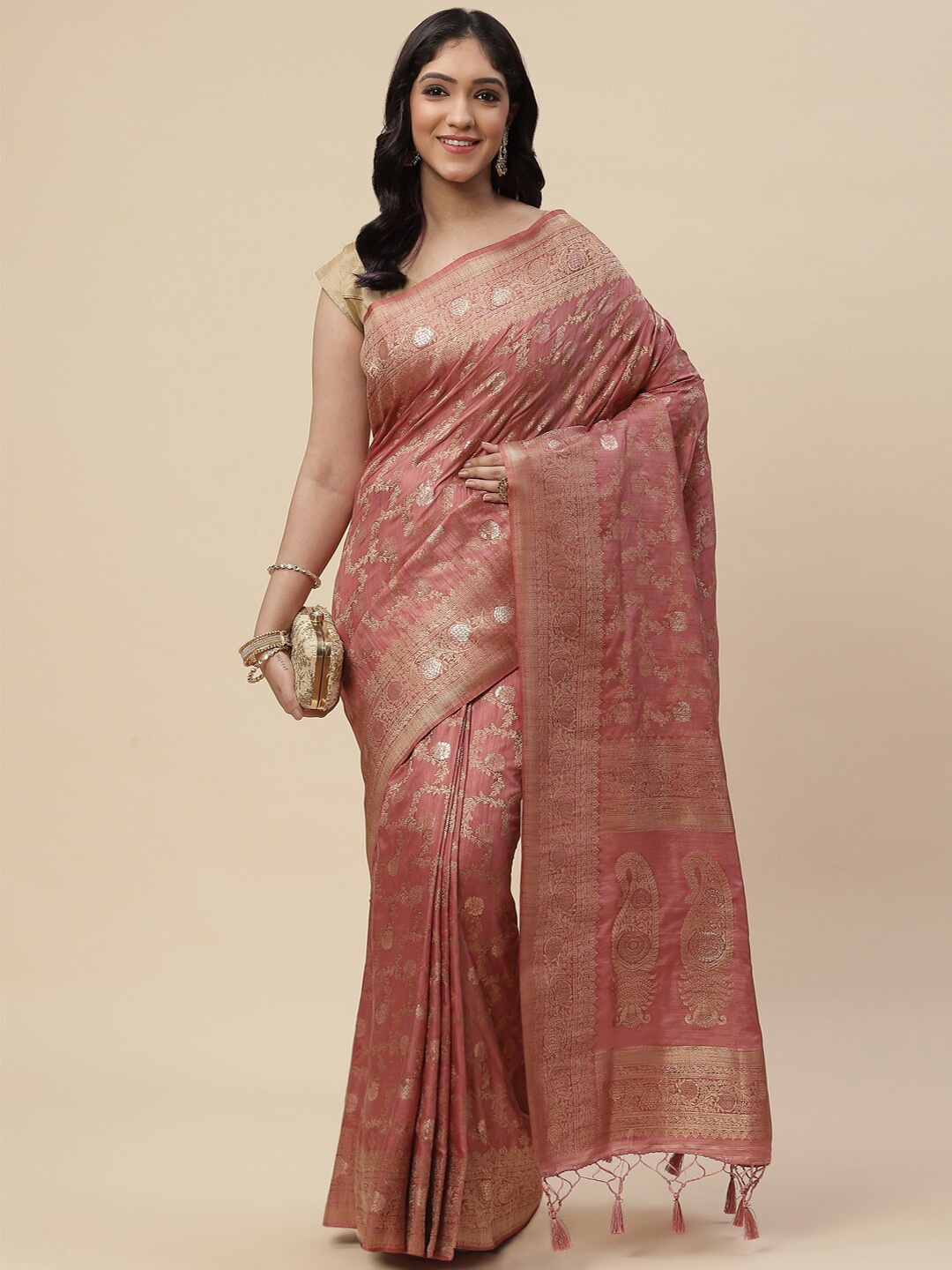 

Meena Bazaar Peach-Coloured & Gold-Toned Woven Design Zari Art Silk Kanjeevaram Saree