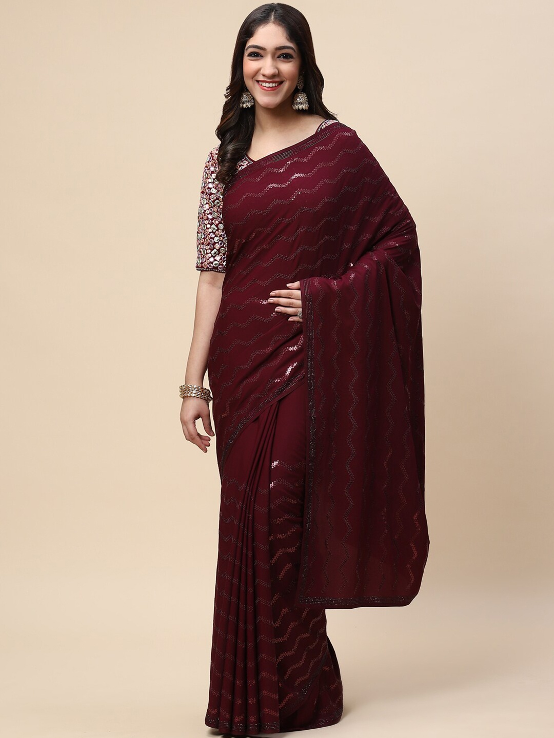 

Meena Bazaar Burgundy & Silver-Toned Embellished Sequinned Pure Crepe Saree