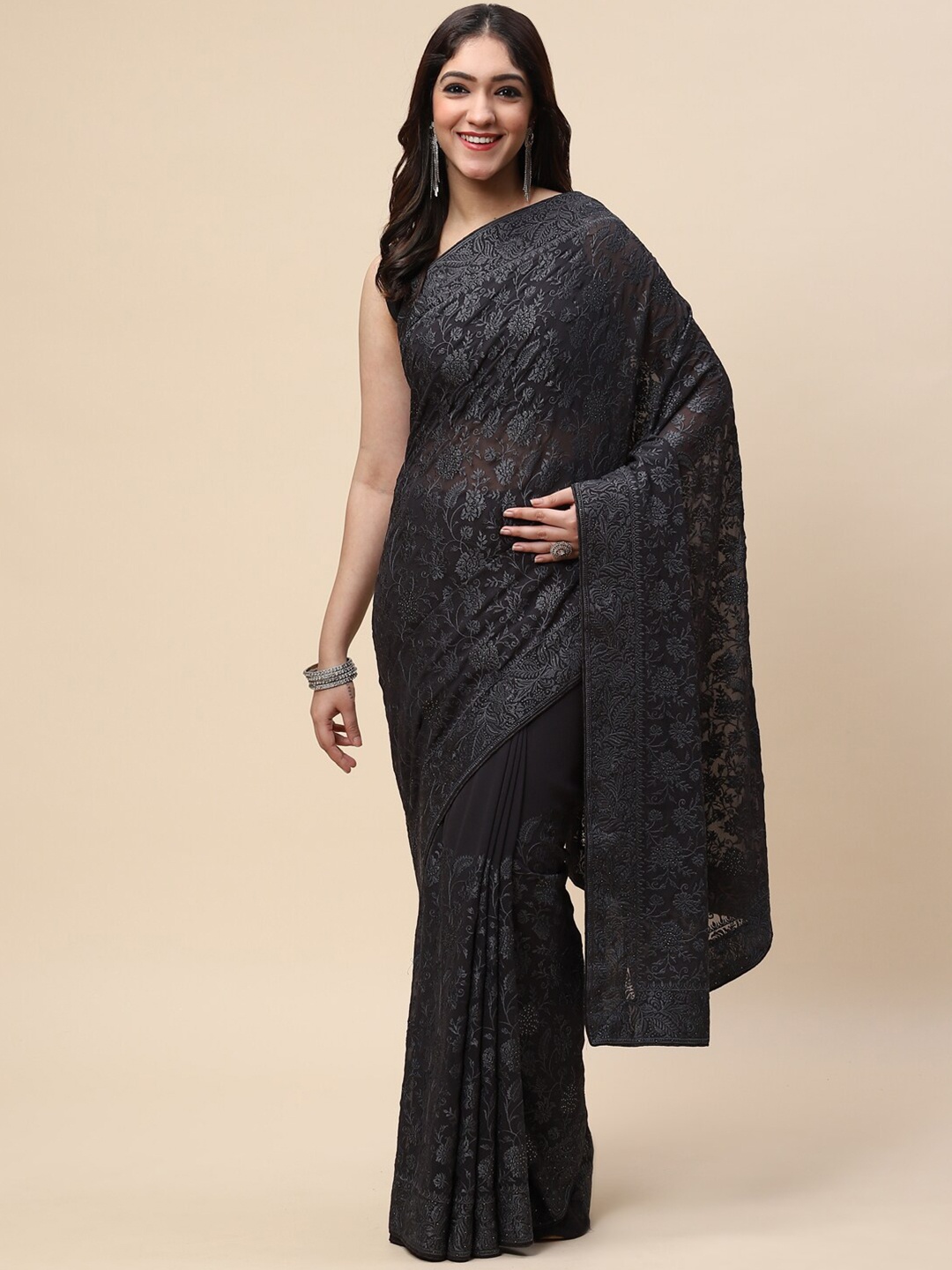 

Meena Bazaar Grey & Silver-Toned Floral Embroidered Saree