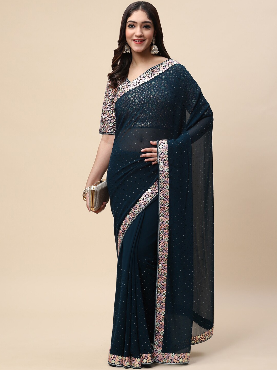 

Meena Bazaar Blue & Gold-Toned Embellished Embroidered Saree