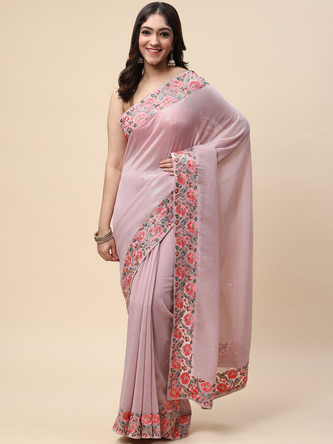 

Meena Bazaar Mauve & Red Embellished Sequinned Saree