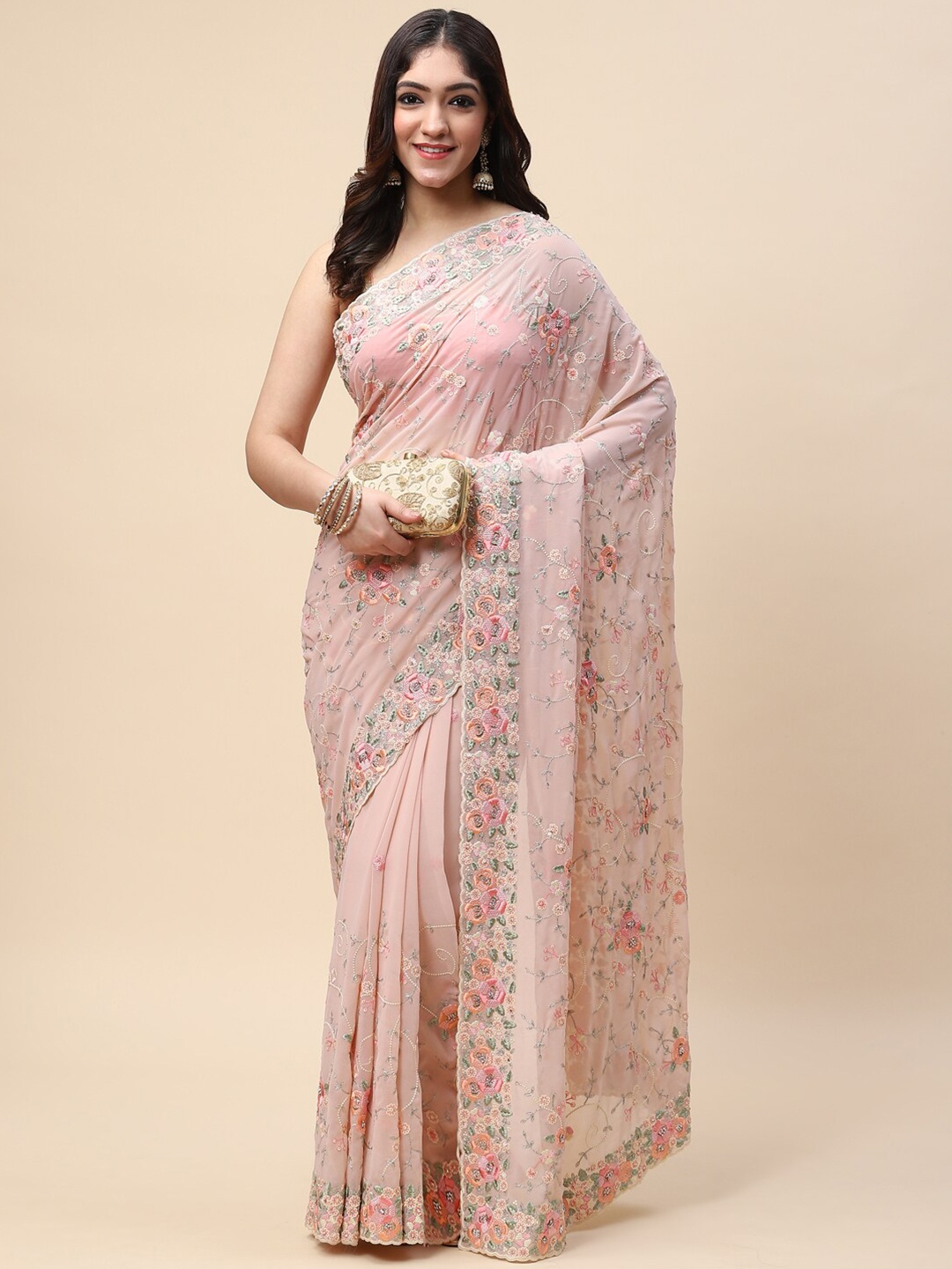

Meena Bazaar Peach-Coloured & Green Embellished Embroidered Saree