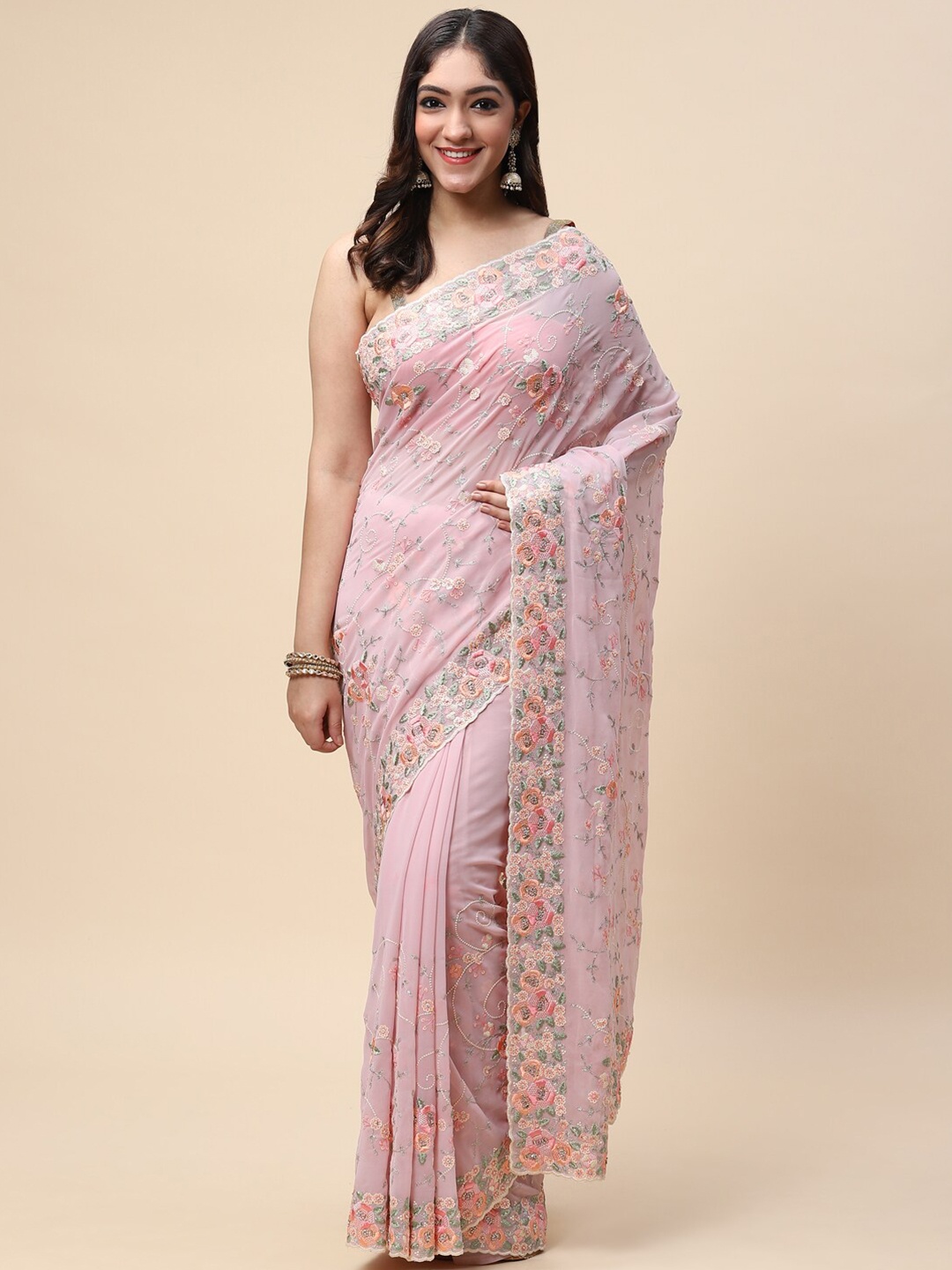 

Meena Bazaar Pink & Green Printed Floral Embroidered Saree