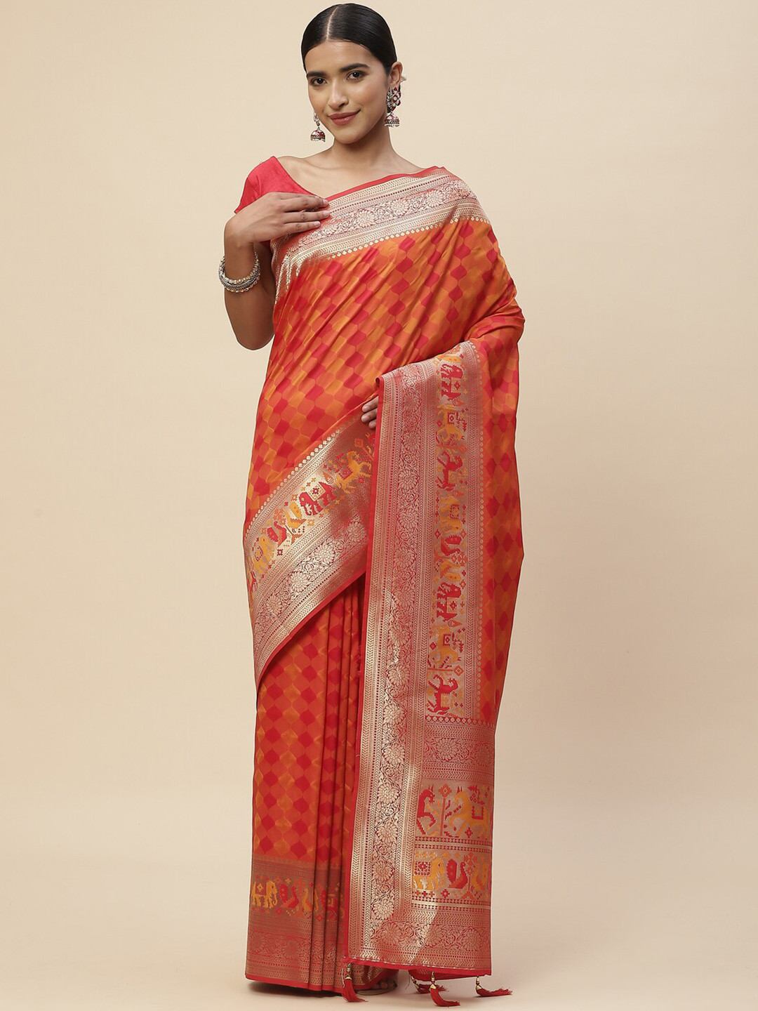 

Meena Bazaar Mustard & Gold-Toned Zari Art Silk Kanjeevaram Saree