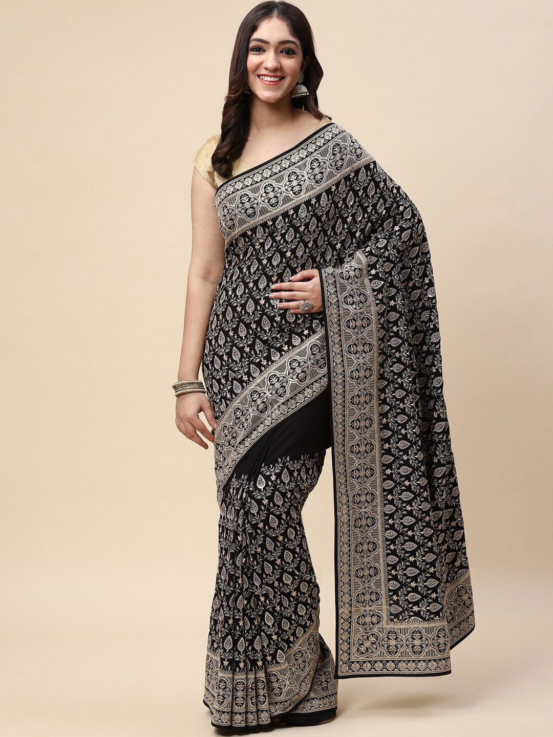 

Meena Bazaar Black & Silver-Toned Ethnic Motifs Embroidered Pure Crepe Saree