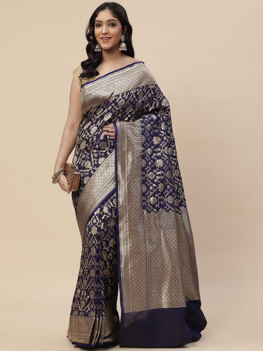 

Meena Bazaar Navy Blue & Gold-Toned Ethnic Motifs Zari Art Silk Kanjeevaram Saree