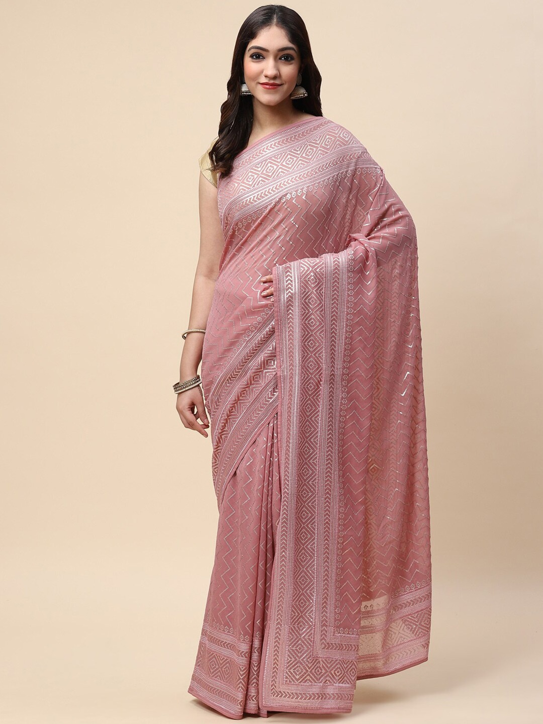 

Meena Bazaar Turquoise Blue & White Embellished Sequinned Saree