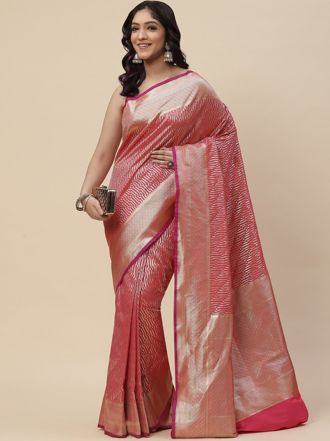 

Meena Bazaar Pink & Gold-Toned Ethnic Motifs Zari Art Silk Kanjeevaram Saree