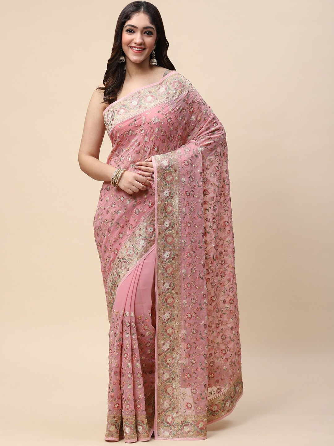 

Meena Bazaar Pink & Grey Floral Saree