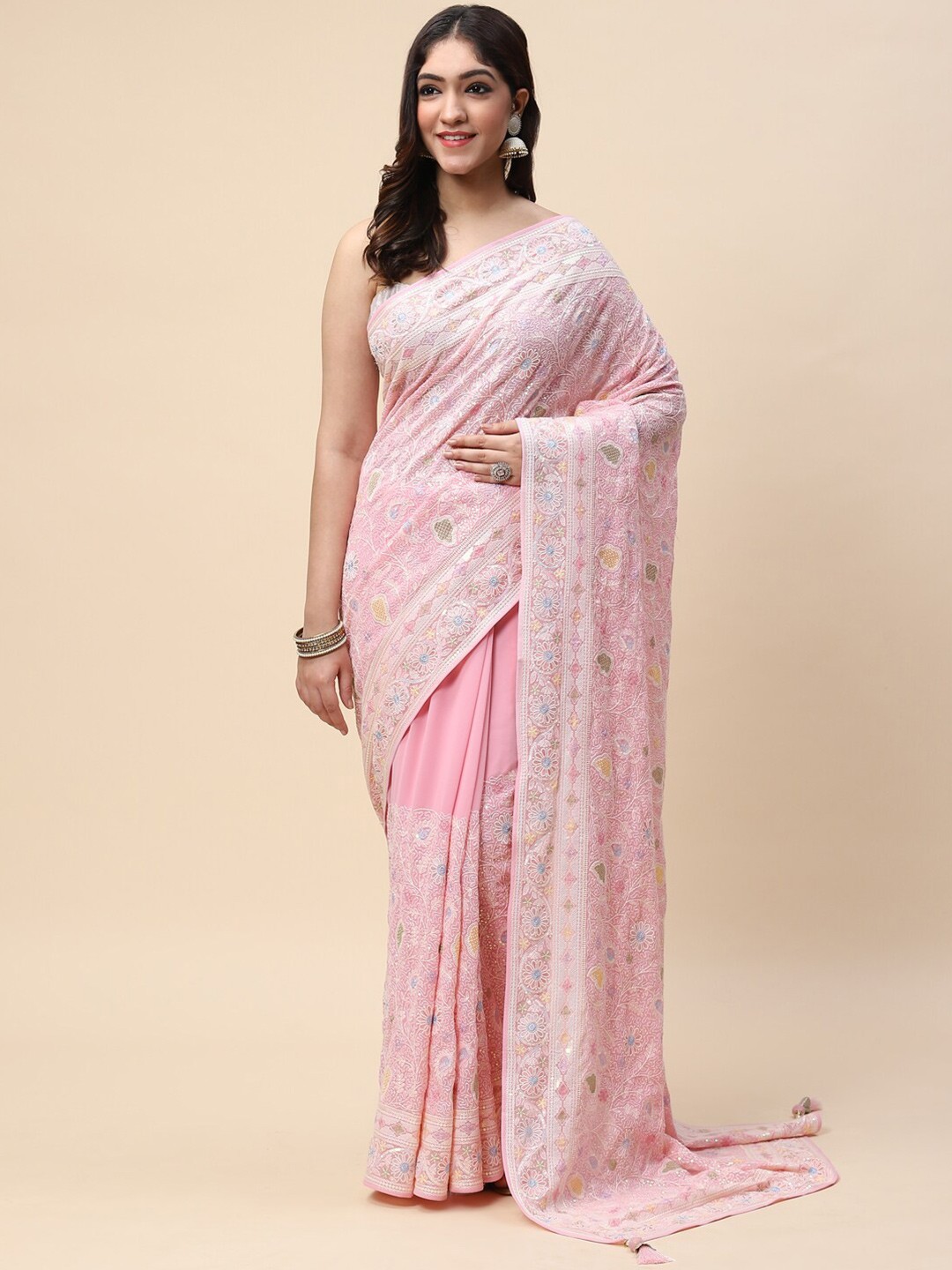 

Meena Bazaar Pink & White Floral Embroidered Saree