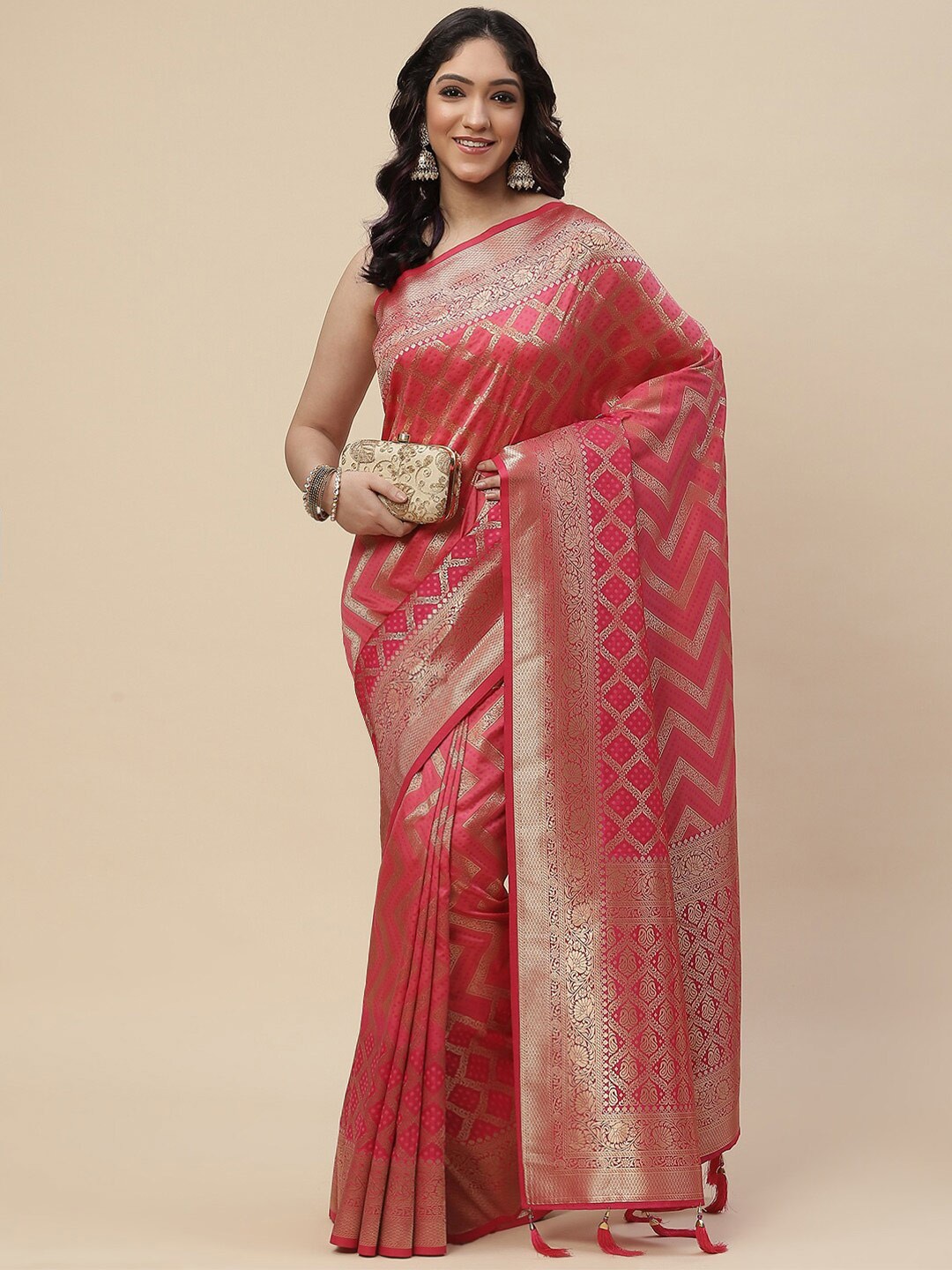 

Meena Bazaar Pink & Gold-Toned Zari Art Silk Kanjeevaram Saree