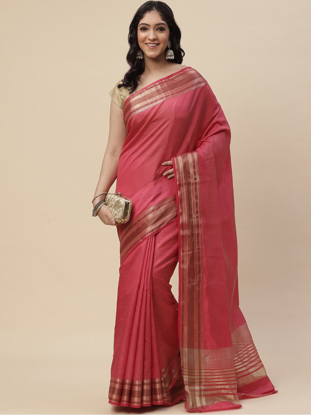 

Meena Bazaar Pink & Gold-Toned Zari Art Silk Kanjeevaram Saree