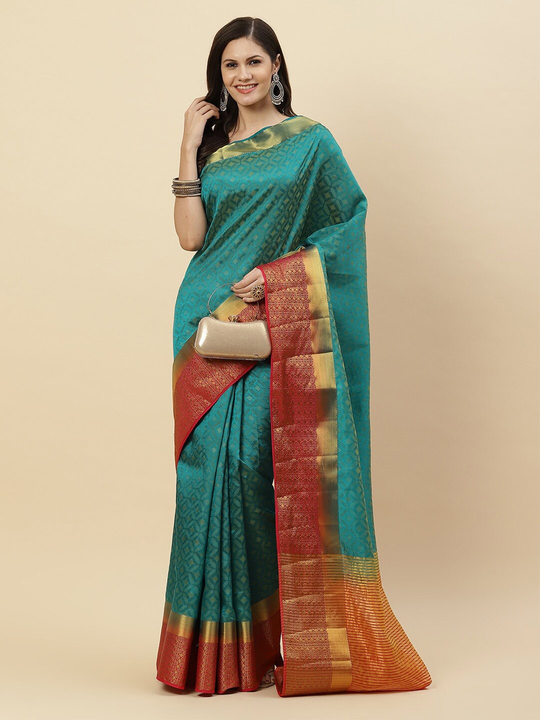 

Meena Bazaar Blue & Red Woven Design Zari Art Silk Kanjeevaram Saree