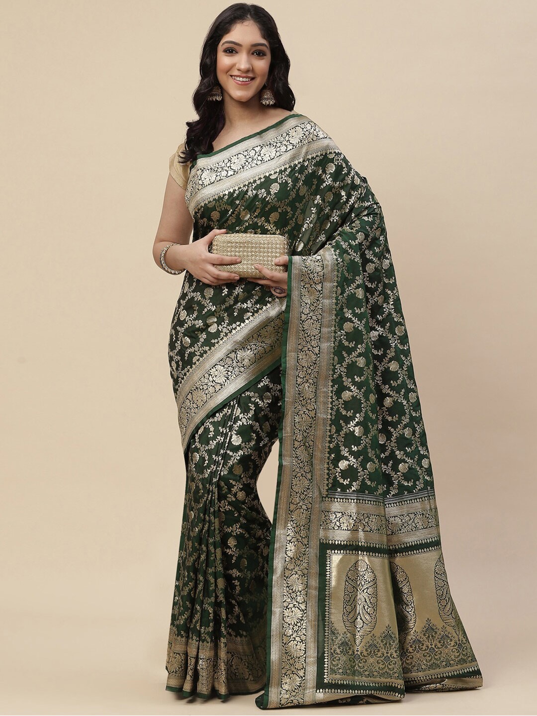 

Meena Bazaar Sea Green & Gold-Toned Floral Zari Art Silk Kanjeevaram Saree