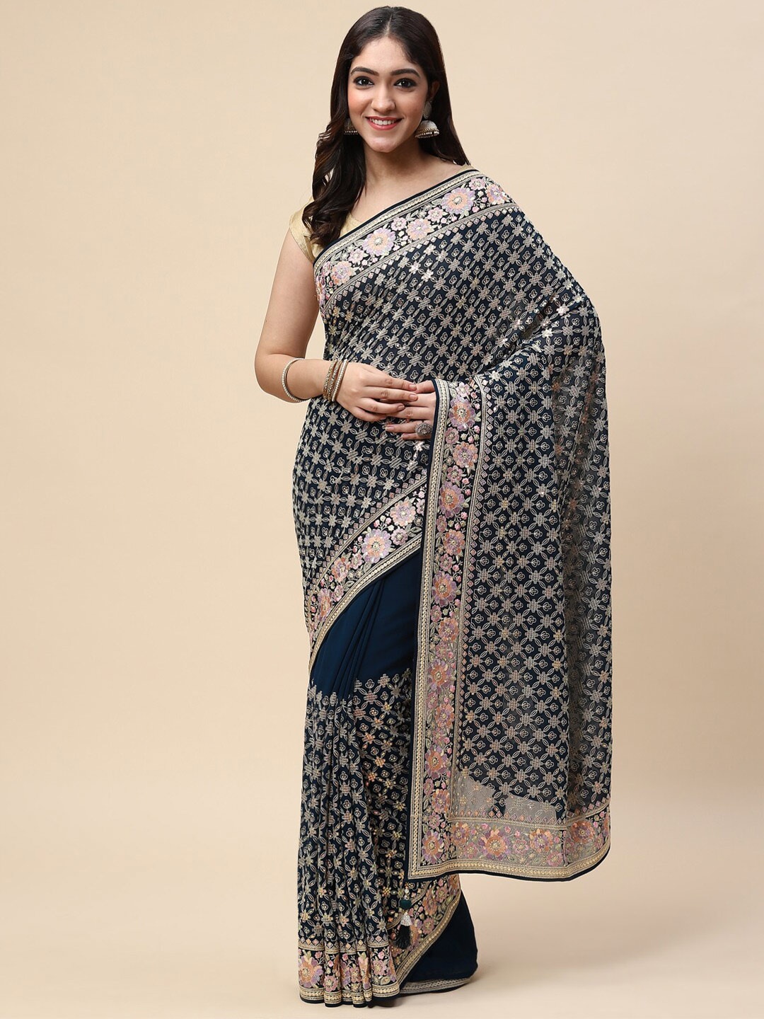 

Meena Bazaar Navy Blue & Pink Floral Embroidered Saree