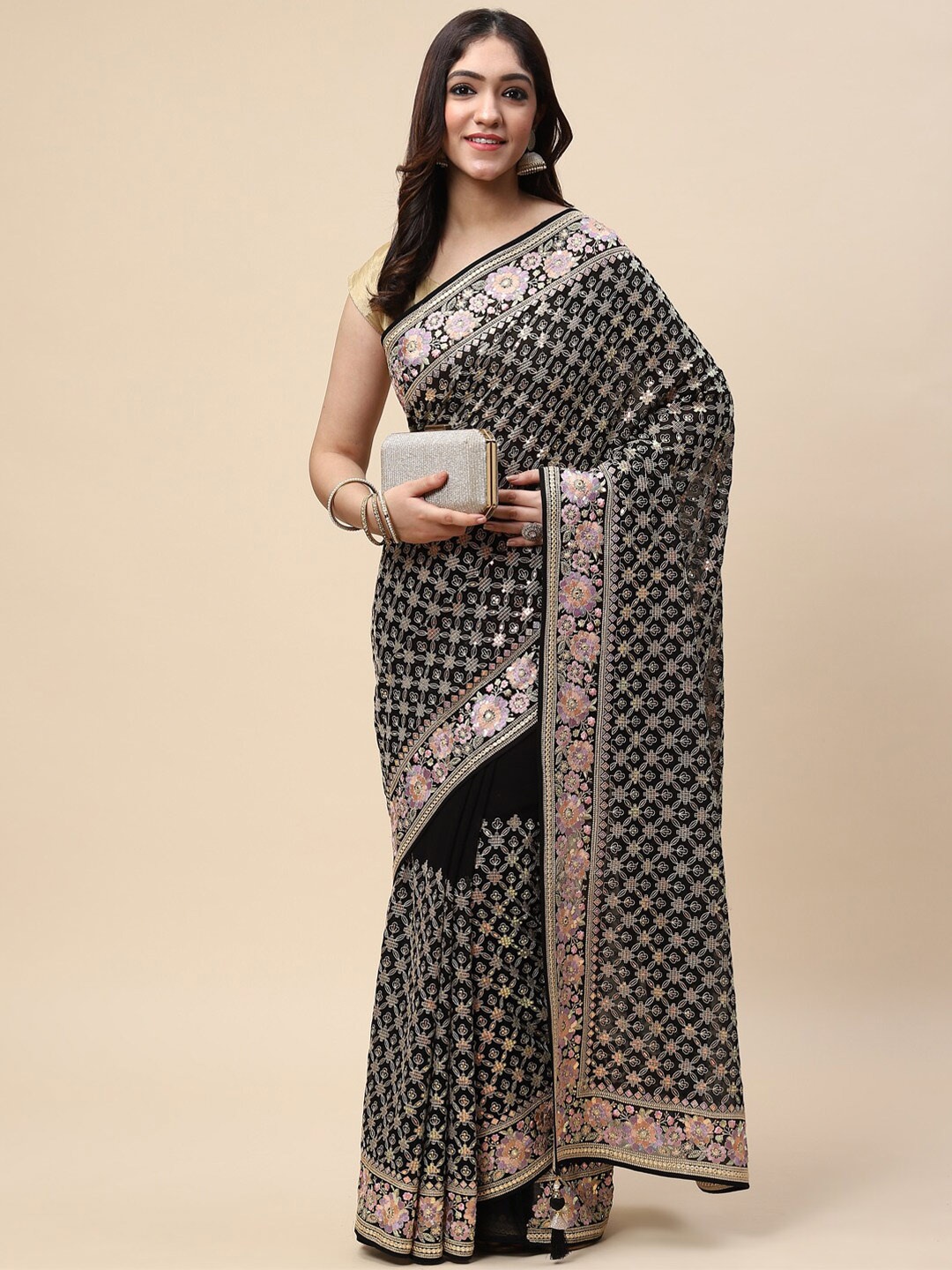 

Meena Bazaar Black & Pink Floral Embroidered Saree