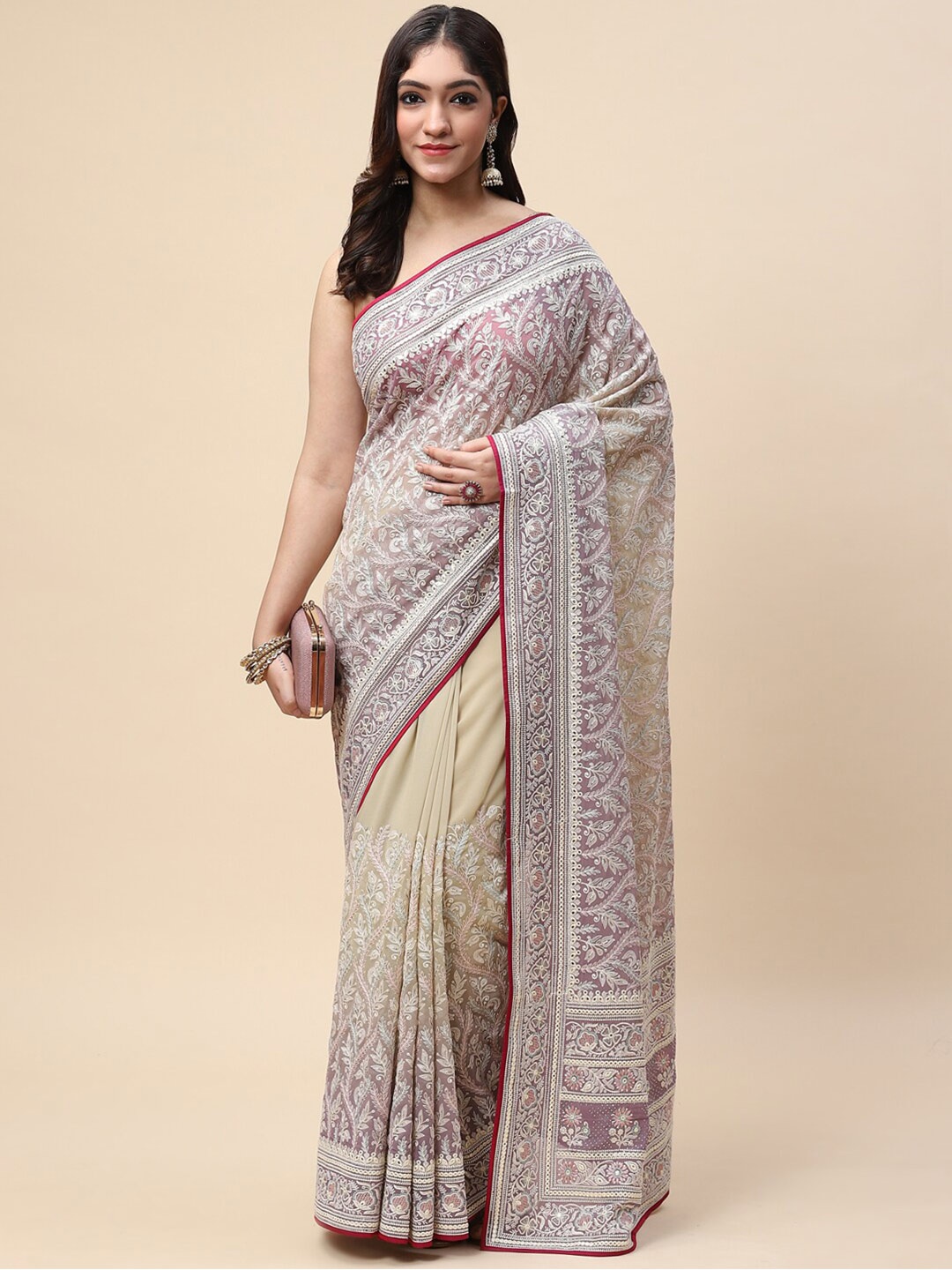 

Meena Bazaar Turquoise Blue & Red Floral Embroidered Saree