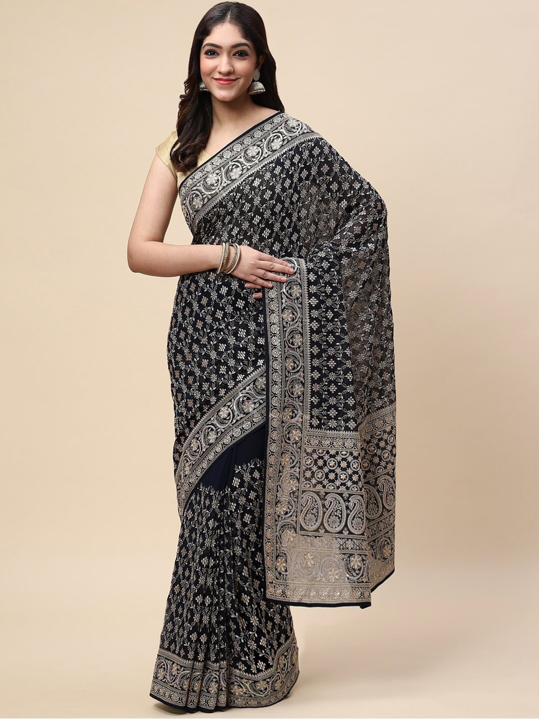 

Meena Bazaar Navy Blue & White Floral Embroidered Saree