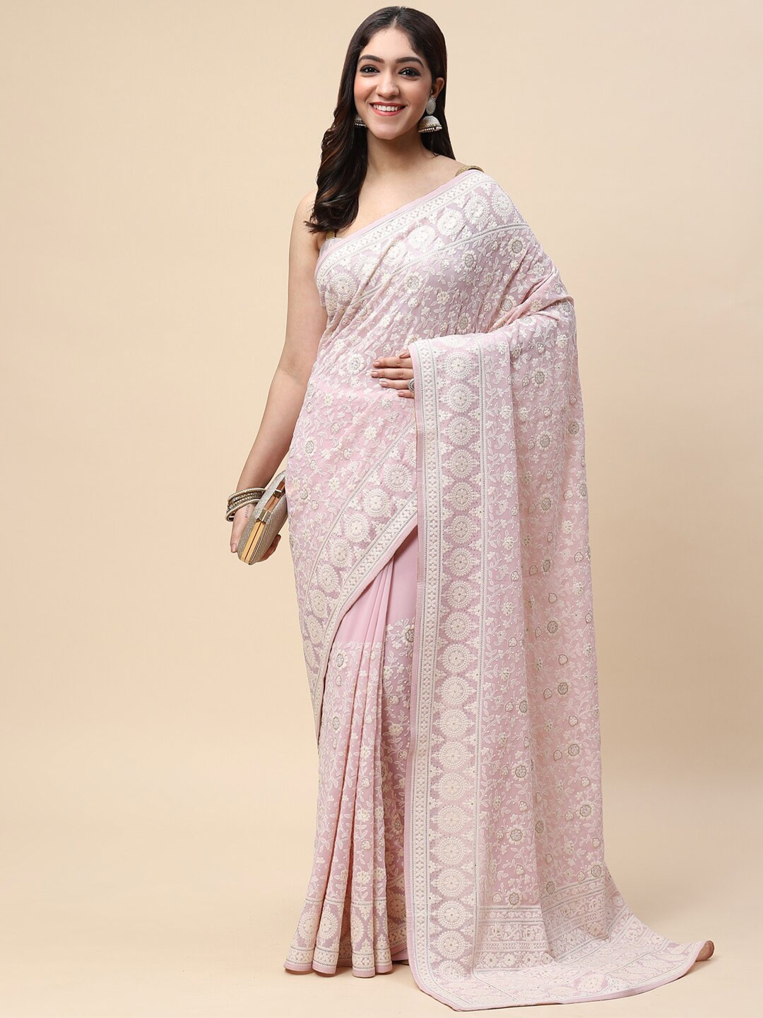 

Meena Bazaar Lavender Floral Embroidered Saree