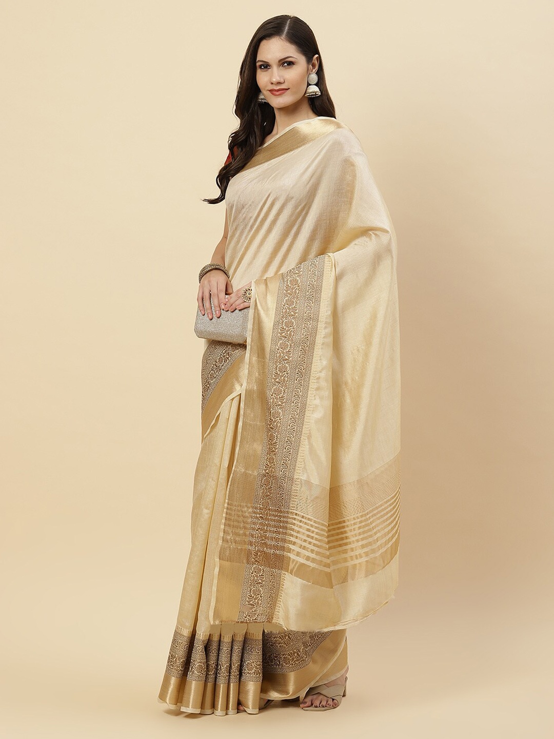 

Meena Bazaar Beige & Gold-Toned Woven Design Zari Art Silk Kanjeevaram Saree