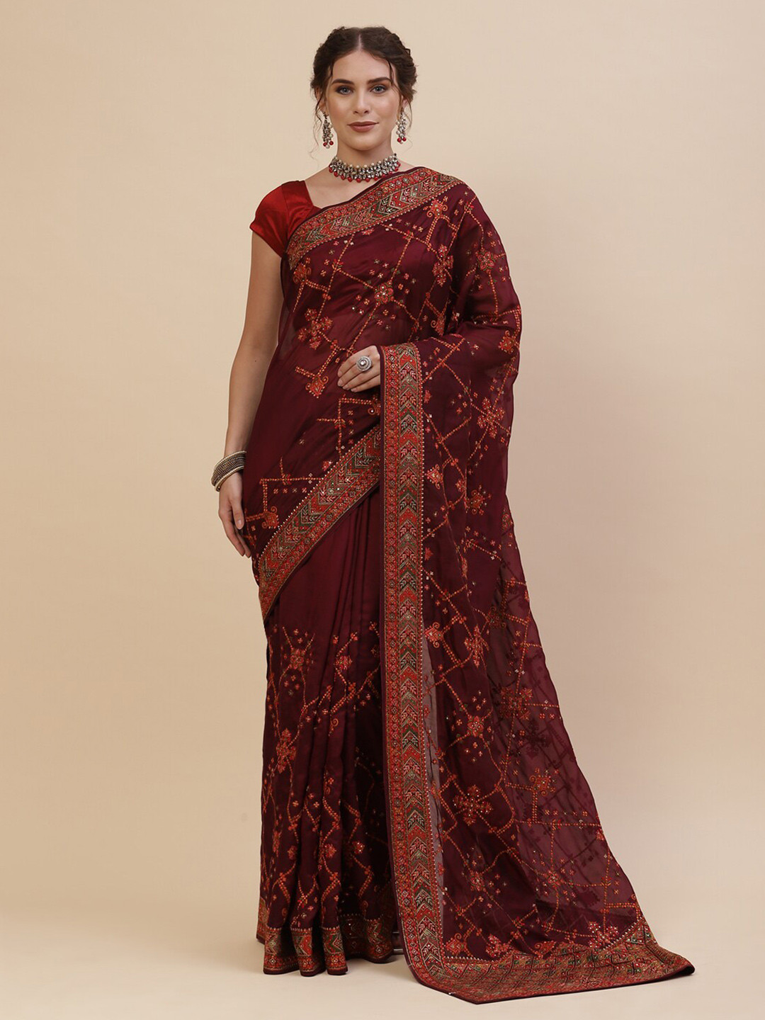 

Meena Bazaar Burgundy & Green Floral Embroidered Saree
