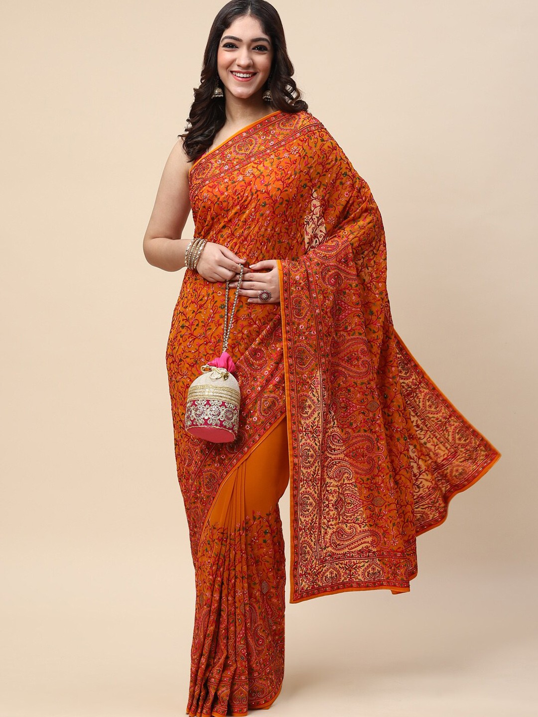 

Meena Bazaar Mustard & Orange Floral Embroidered Saree