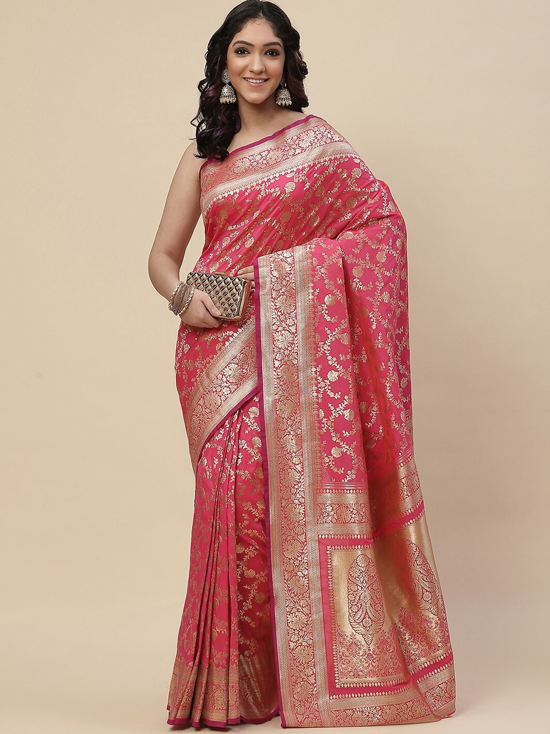 

Meena Bazaar Pink & Gold-Toned Ethnic Motifs Zari Art Silk Kanjeevaram Saree