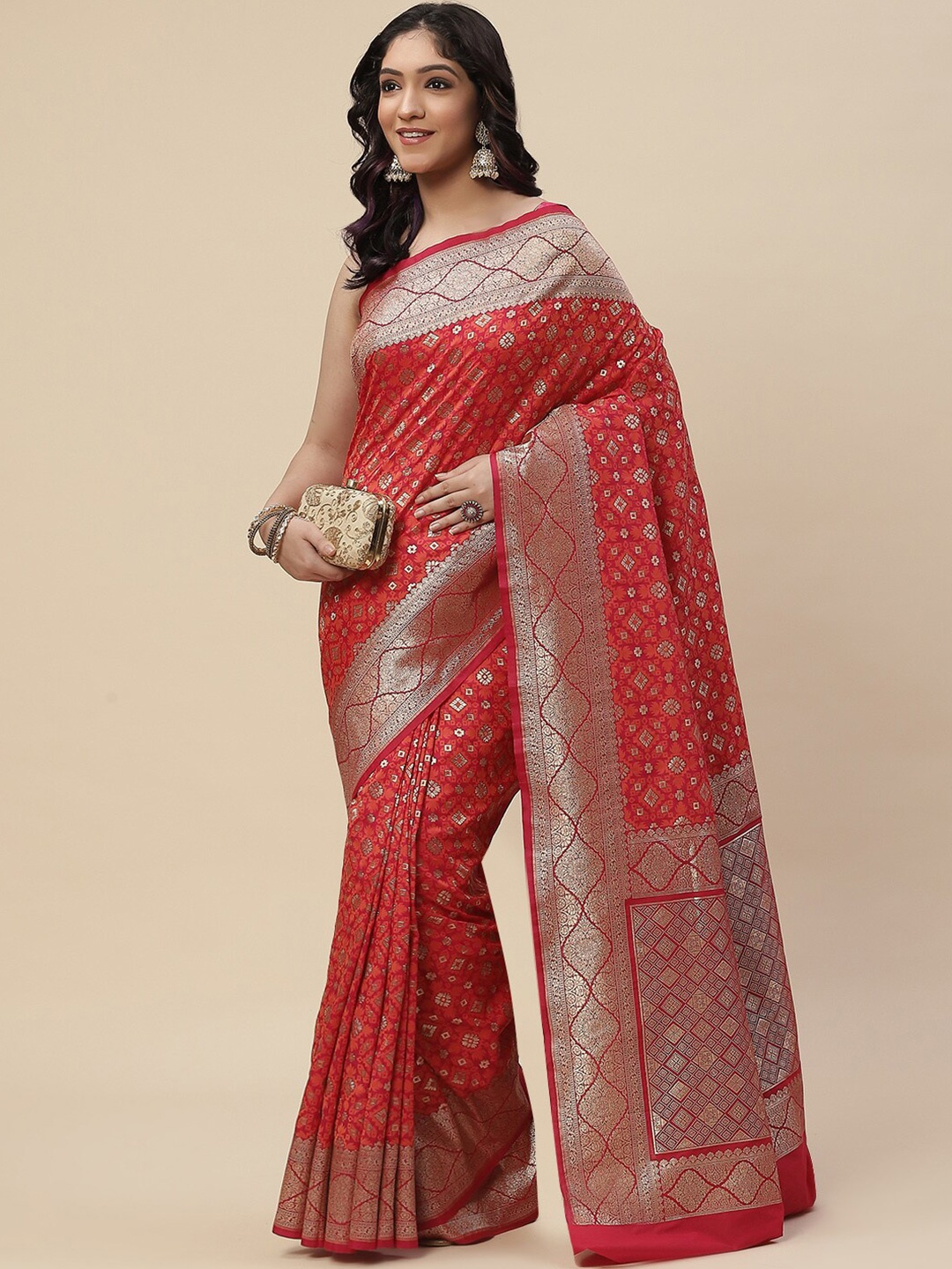 

Meena Bazaar Pink & Orange Ethnic Motifs Zari Pure Silk Kanjeevaram Saree