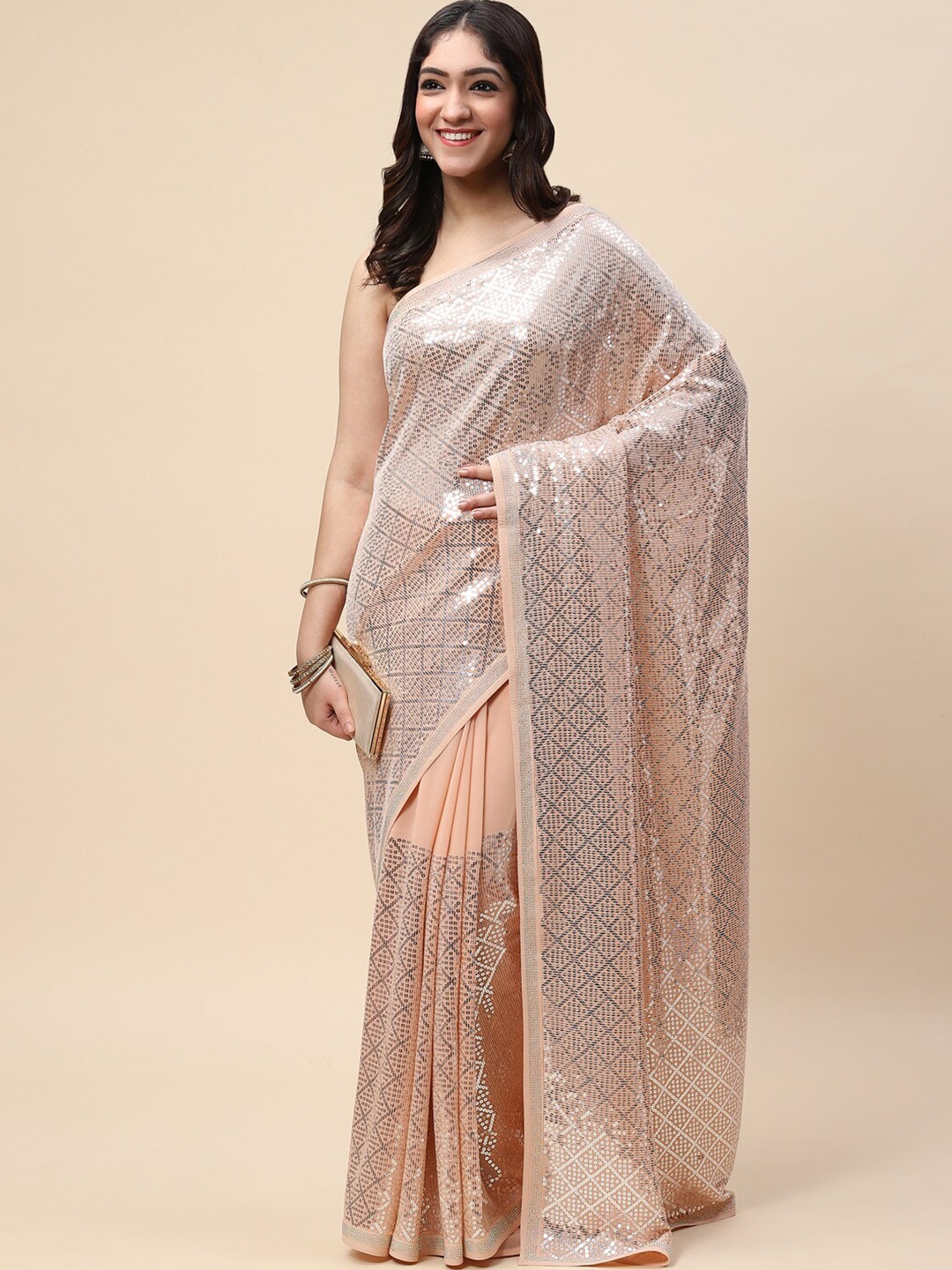 

Meena Bazaar Peach-Coloured & Silver-Toned Embellished Sequinned Saree